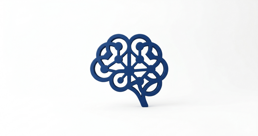 Icono minimalista de un cerebro interconectado en color azul marino mate sobre un fondo blanco puro y limpio.