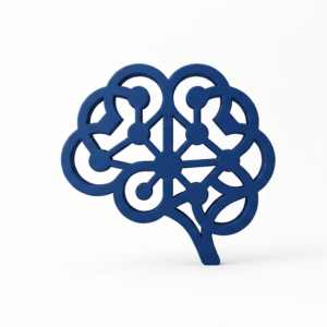 Icono minimalista de un cerebro interconectado en color azul marino mate sobre un fondo blanco puro y limpio.