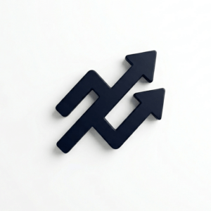 Icono minimalista de dos flechas entrelazadas y ascendentes en color negro mate, que simboliza caminos divergentes y optimización sobre un fondo blanco puro.