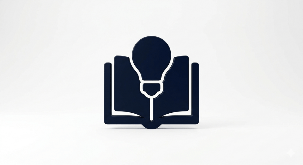 Icono minimalista en 3D de color azul oscuro sobre fondo blanco, que combina la silueta de un libro abierto con una bombilla en el centro.
