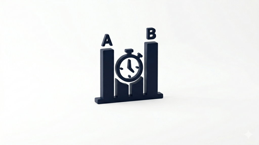 Icono minimalista en azul oscuro sobre fondo blanco que muestra barras estadísticas con las letras A y B junto a un cronómetro central, representando el cálculo de duración de un test A/B.