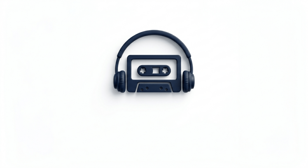 Icono en relieve 3D de color azul oscuro (#020617) que muestra un cassette retro enmarcado por unos auriculares, situado de forma simétrica sobre un fondo blanco puro y limpio.