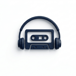 Icono en relieve 3D de color azul oscuro (#020617) que muestra un cassette retro enmarcado por unos auriculares, situado de forma simétrica sobre un fondo blanco puro y limpio.