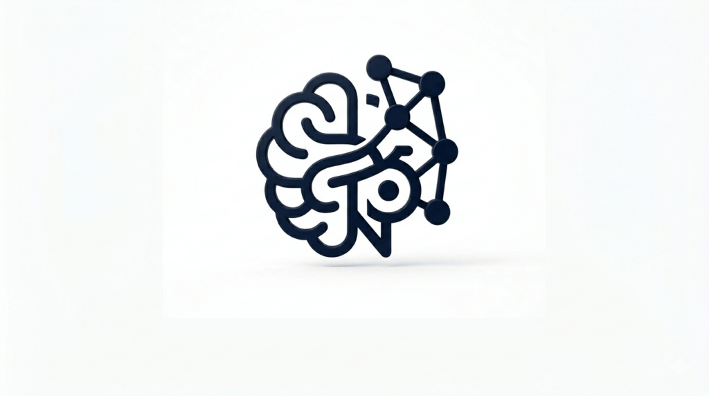 Icono minimalista y simétrico que representa un cerebro y una red neuronal en azul oscuro (#020617) sobre un fondo blanco puro. Una representación abstracta de la IA y el SEO Generativo.