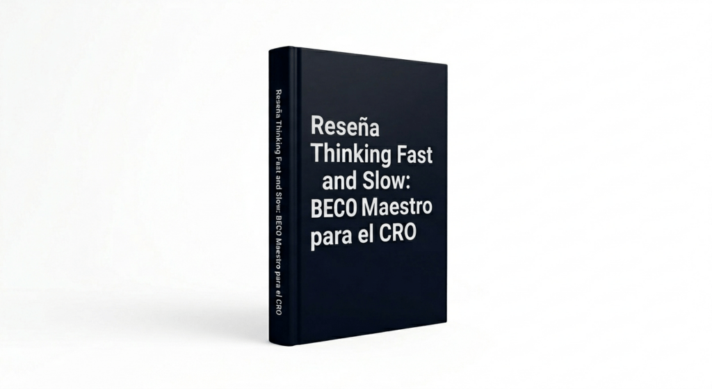 Libro minimalista de color negro mate sobre un fondo blanco puro, con el texto "Reseña Thinking Fast and Slow: BECO Maestro para el CRO" impreso en tipografía blanca y limpia.