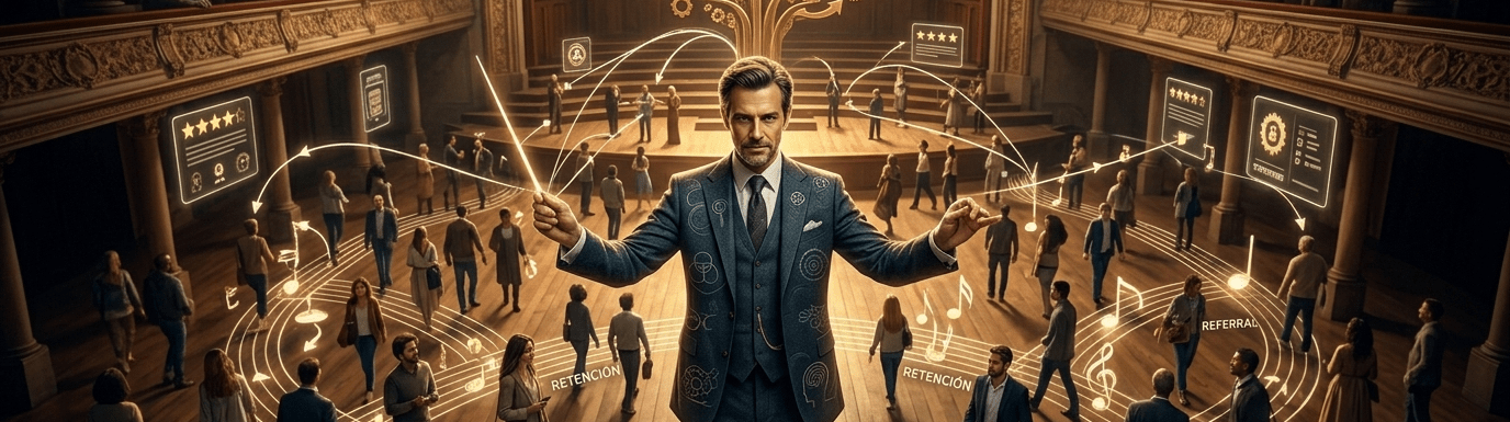 Un director de orquesta en un gran teatro guiando los movimientos de la multitud sobre líneas musicales doradas, reflejando el concepto de arquitectura de elección.