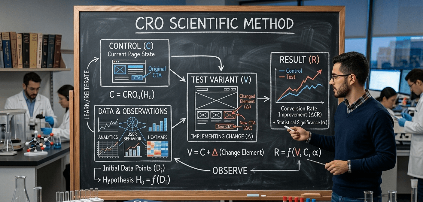 Una pizarra de laboratorio con una fórmula estructurada que conecta datos, cambios y resultados esperados, ilustrando el método científico aplicado al CRO.