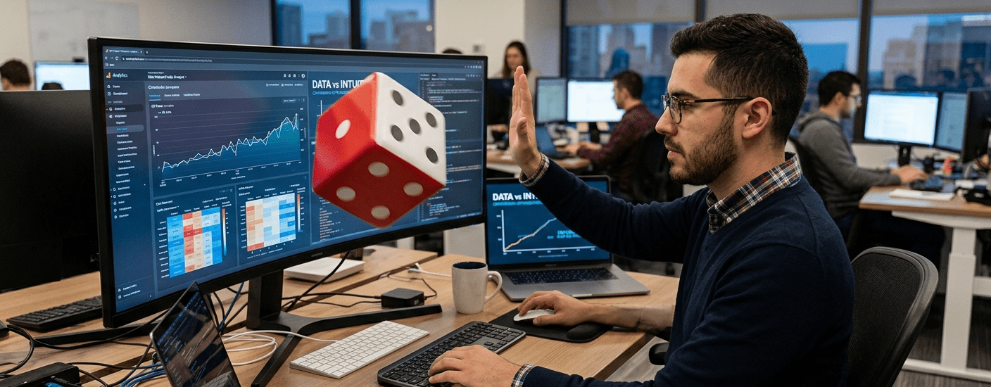 Un analista web mirando gráficos de datos sólidos mientras rechaza un dado de juego gigante, ilustrando la importancia de los datos frente a la intuición en la optimización de conversión.