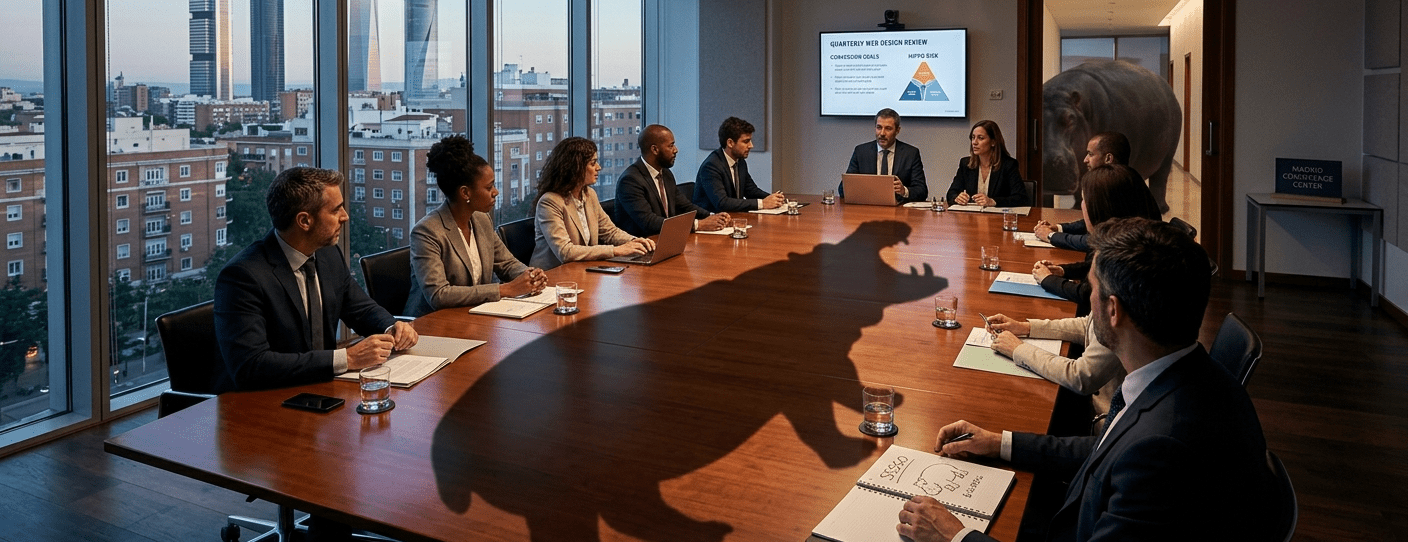Una sala de juntas donde la sombra de un gran hipopótamo domina la mesa, ilustrando el sesgo corporativo del efecto HiPPO en las decisiones de diseño web.
