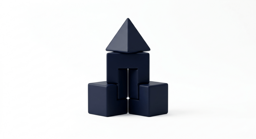 Un renderizado 3D minimalista y perfectamente simétrico de una estructura geométrica abstracta sobre un fondo blanco puro. La estructura está compuesta por una pila central de tres bloques de color azul oscuro mate (código de color #020617). Dos cubos pequeños forman la base flanqueando un bloque central ligeramente más alto, sobre el cual se asienta un bloque piramidal en la cima. Toda la composición es perfectamente simétrica y está iluminada con iluminación de estudio que proyecta sombras suaves y sutiles en la base. Las superficies son lisas, no reflectantes y de acabado mate.