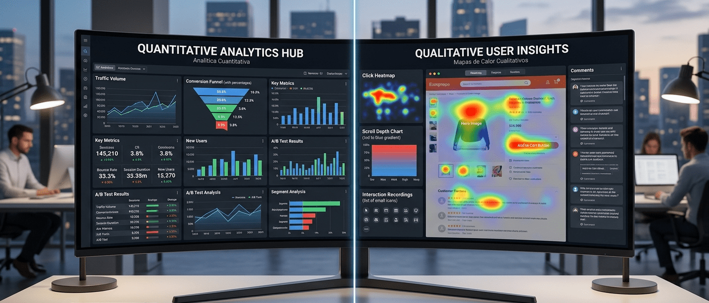 Una pantalla dividida que muestra analítica cuantitativa en un lado y mapas de calor cualitativos en el otro, representando el ecosistema de investigación digital.