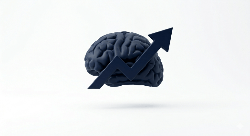 Un modelo 3D detallado de un cerebro humano en azul marino oscuro, con una flecha azul marino oscuro a juego que corta diagonalmente hacia arriba y hacia la derecha, representando el crecimiento de la IA. El cerebro y la flecha están perfectamente centrados sobre un fondo blanco puro y liso con iluminación de estudio y una sombra suave.