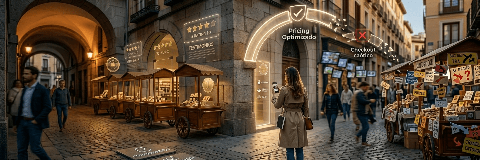 Una persona ante dos caminos comerciales en la calle, uno claro y ordenado que facilita los sesgos de decisión y otro caótico, ilustrando la optimización de pricing y checkout.