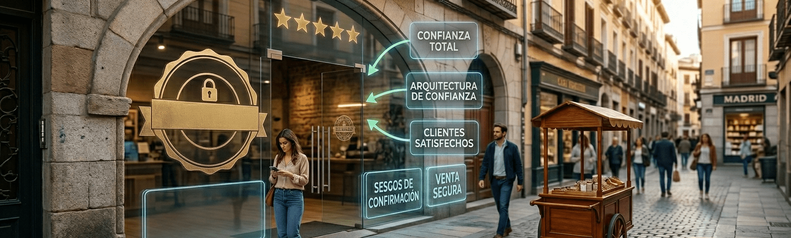 Un cliente mirando una tienda física con sellos dorados de garantía y estrellas en el escaparate, ilustrando cómo el behavioral design genera confianza.