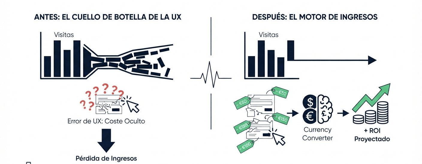 Cómo medir el impacto económico de errores UX: Guía de optimización ROI Diagrama que ilustra cómo medir el impacto económico de errores UX, contrastando la pérdida de ingresos por fricciones en la navegación frente a la cuantificación financiera y el aumento del ROI proyectado con Contentsquare.