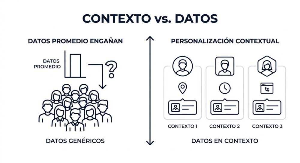 Contexto vs. Datos: Personalización Datos Genéricos Diagrama comparativo de datos: la falacia de los datos promedio frente a la personalización contextual basada en el usuario