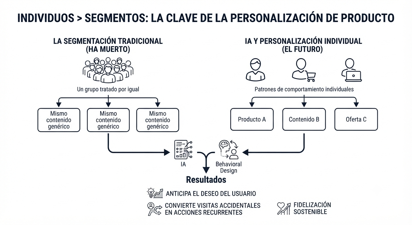 Individuos Segmentos: La clave de la personalización de productos UX Diagrama sobre personalización de productos UX mediante IA y Behavioral Design