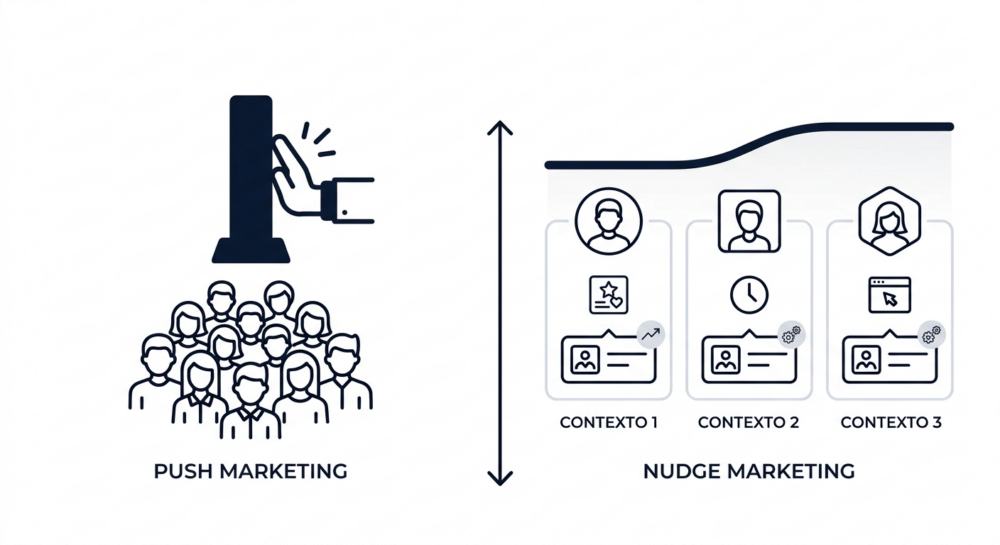 Nudge, don’t push: Psicología aplicada a la optimización de la conversión Comparativa de Nudge Marketing vs Push Marketing: cómo guiar la conversión con psicología UX