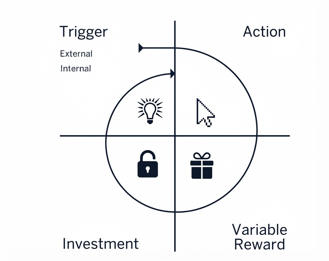 Modelo Hook Esquema y ciclo de las 4 fases del Modelo Hook de Nir Eyal para la formación de hábitos en CRO y retención de usuarios